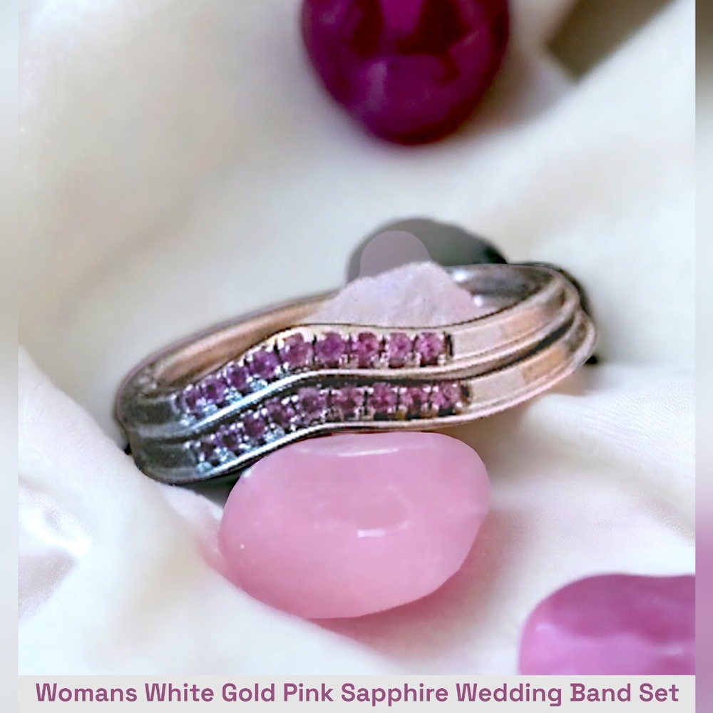 Womans White Gold Pink Sapphire Wedding Band Set (2)
